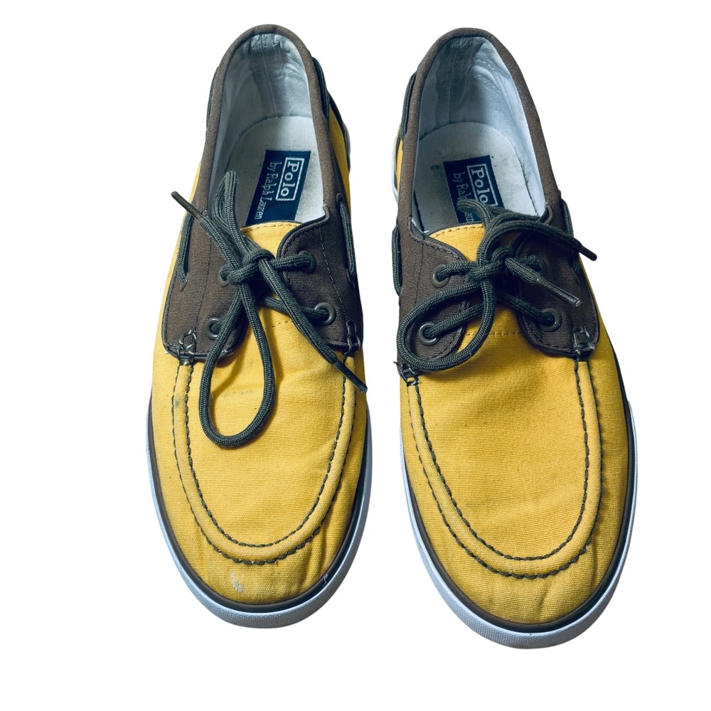 Polo Ralph Lauren Mens Lander P Yellow Canvas Boat Shoes 9D Brown Trim